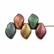 Load image into Gallery viewer, Czech glass wavy curved leaf beads 20pc rainbow matte metallic mix14x9mm
