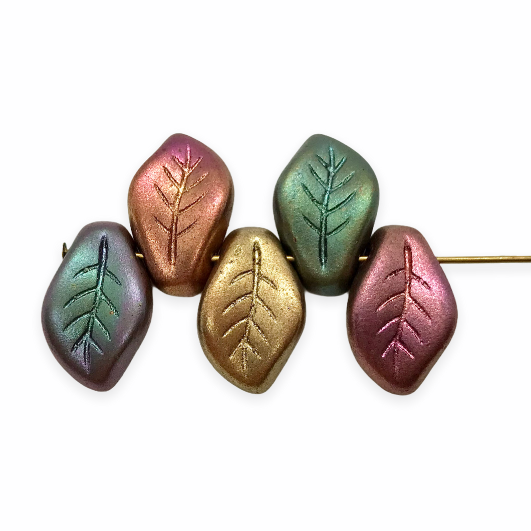 Czech glass wavy leaf beads 20pc rainbow matte metallic mix14x9mm