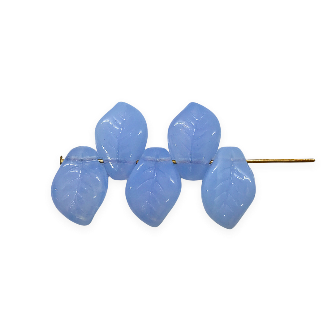 Czech glass wavy leaf beads 20pc sky blue opal 14x9mm side drilled-Orange Grove Beads