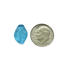 Load image into Gallery viewer, Czech glass wavy leaf beads 20pc translucent aqua blue 14x9mm side drilled
