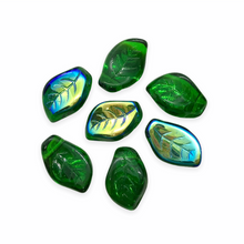 Load image into Gallery viewer, Czech glass wavy curved leaf beads 20pc translucent green AB 14x9mm-Orange Grove Beads
