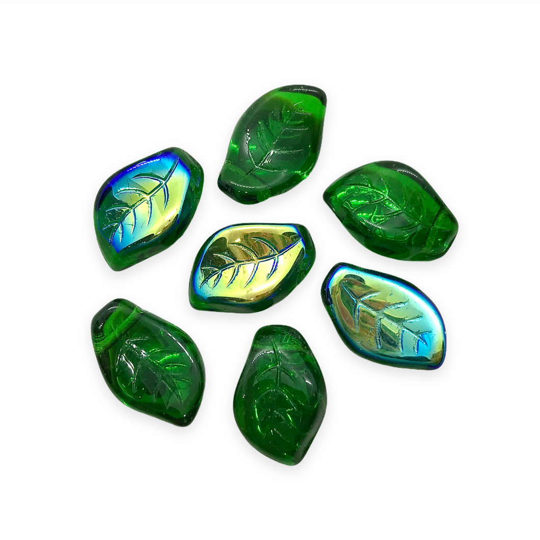 Czech glass wavy curved leaf beads 20pc translucent green AB 14x9mm-Orange Grove Beads