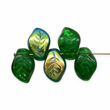 Load image into Gallery viewer, Czech glass wavy curved leaf beads 20pc translucent green AB 14x9mm
