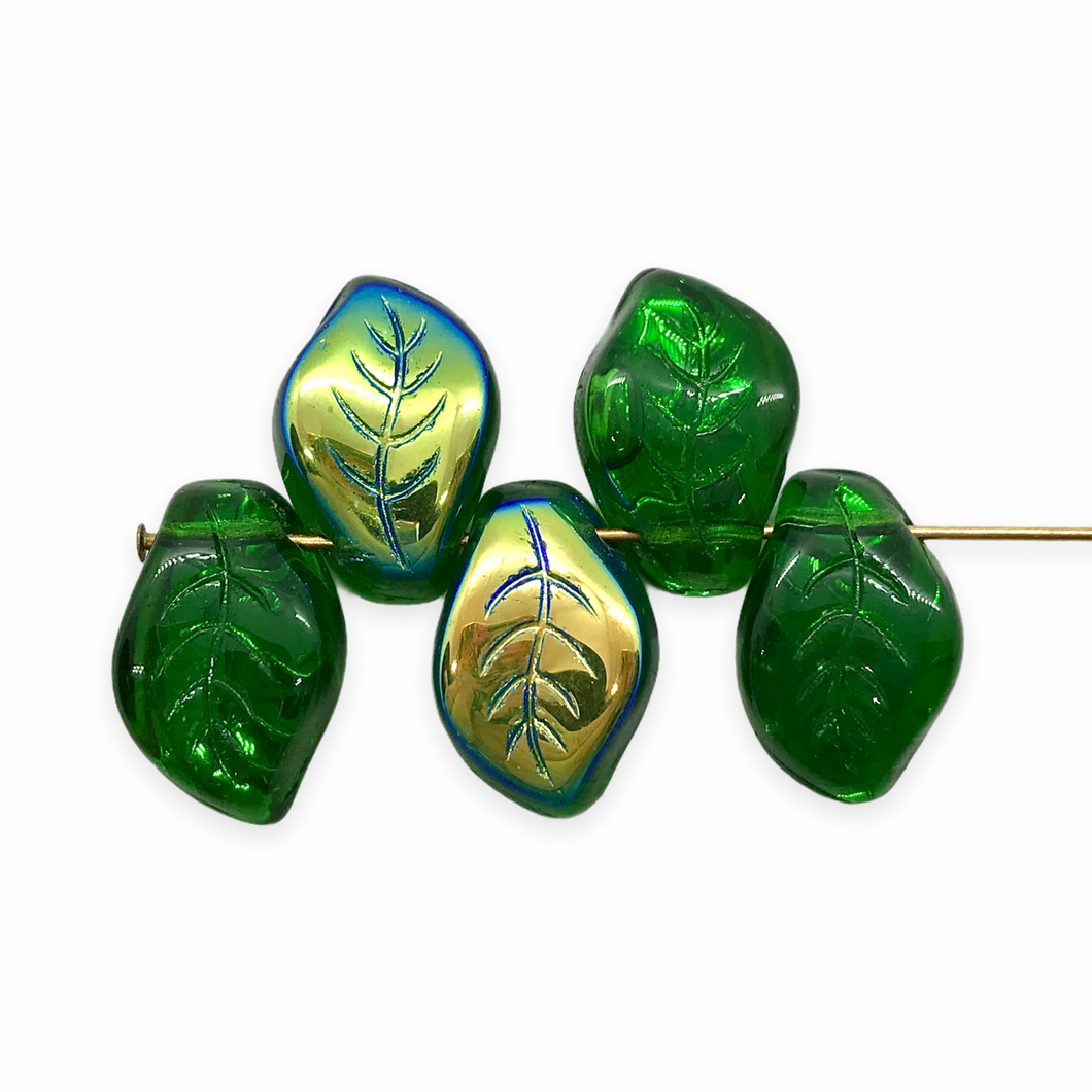 Czech glass wavy leaf beads 20pc translucent green AB 14x9mm