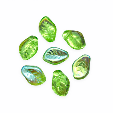 Czech glass wavy leaf beads 20pc translucent light green AB 14x9mm-Orange Grove Beads
