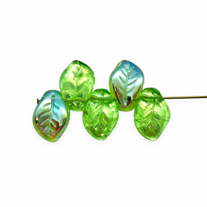 Czech glass wavy leaf beads 20pc translucent light green AB 14x9mm