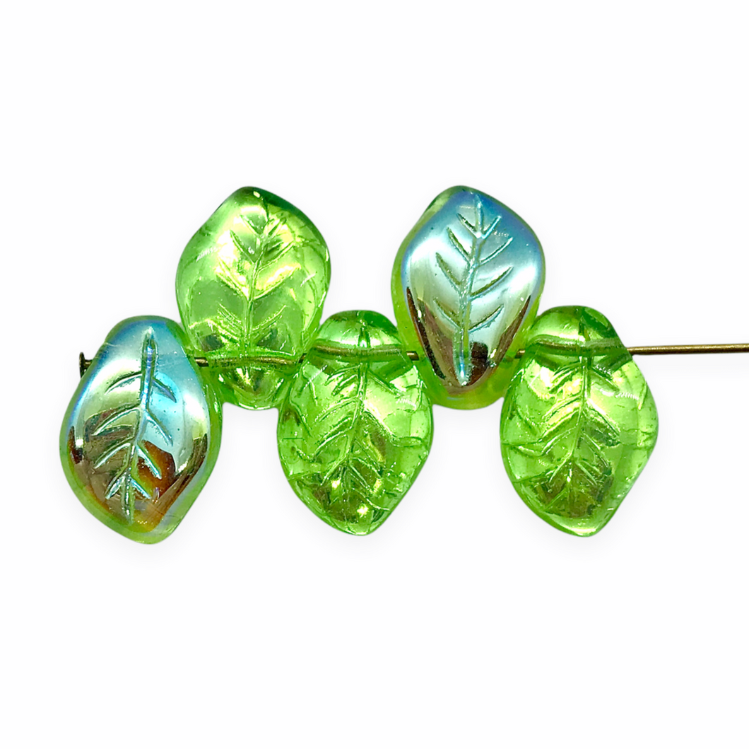 Czech glass wavy leaf beads 20pc translucent light green AB 14x9mm