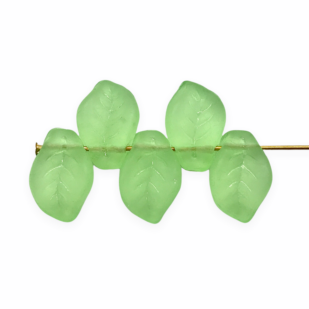 Czech glass wavy leaf beads 20pc frosted uranium green 14x9mm