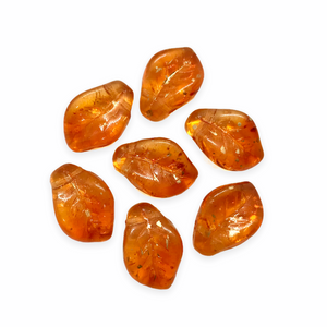 Czech glass wavy leaf beads 12pc orange with gold rain 14x10mm-Orange Grove Beads