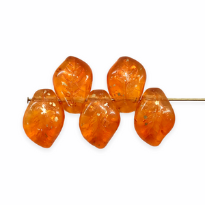 Czech glass wavy leaf beads 20pc orange with gold rain 14x10mm
