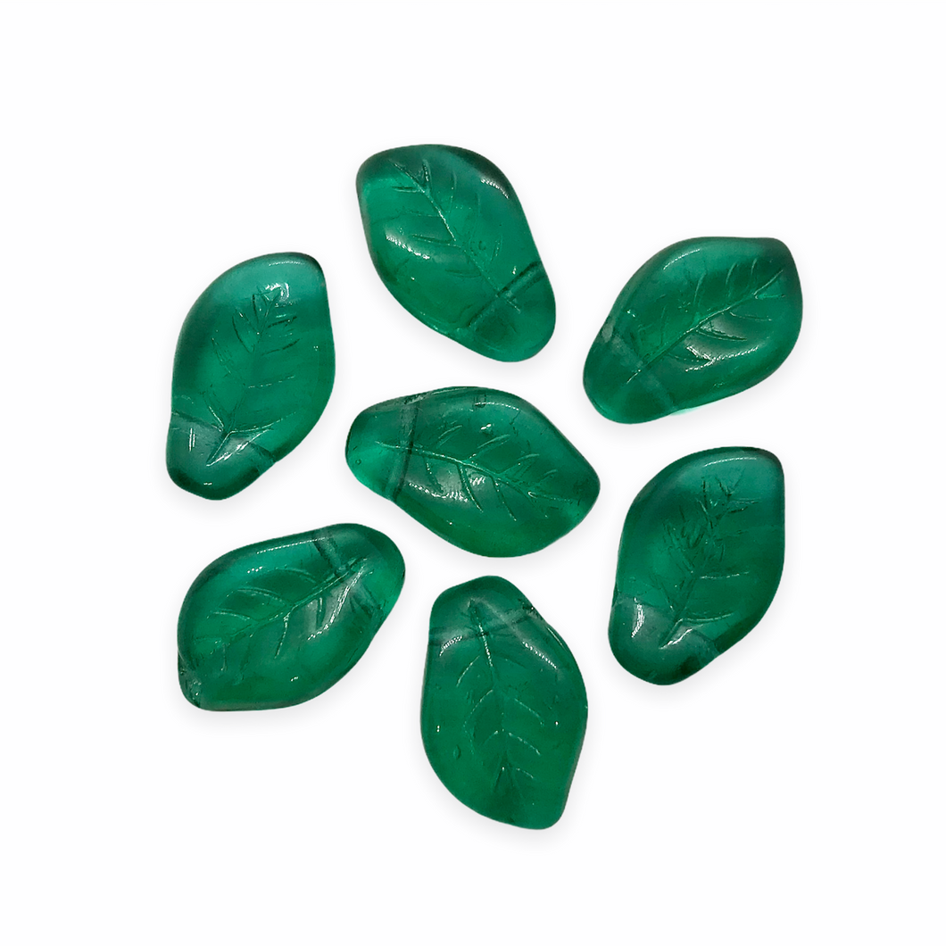 Czech glass wavy curved leaf beads 20pc emerald green 14x9mm-Orange Grove Beads