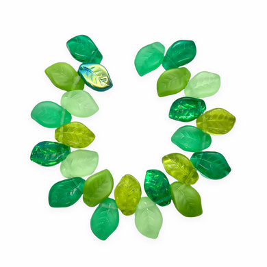 Czech glass twist leaf beads mix 24pc greens 14x9mm side drilled #3-Orange Grove Beads