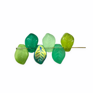 Czech glass wavy leaf beads mix 24pc greens 14x9mm #3
