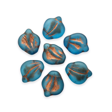 Czech glass wide petal leaf beads 20pc frosted blue copper decor 15x12mm-Orange Grove Beads