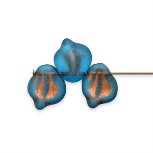 Czech glass wide petal leaf beads 20pc frosted blue copper decor 15x12mm