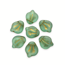Load image into Gallery viewer, Czech glass wide petal leaf beads 20pc frosted sea green gold decor 15x12mm-Orange Grove Beads
