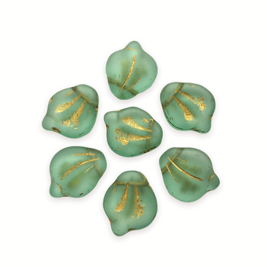 Czech glass wide petal leaf beads 20pc frosted sea green gold decor 15x12mm-Orange Grove Beads