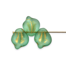 Load image into Gallery viewer, Czech glass wide petal leaf beads 20pc frosted sea green gold decor 15x12mm
