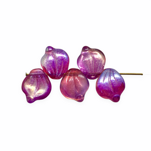 Czech glass wide petal leaf beads 20pc fuchsia pink metallic 15x12mm