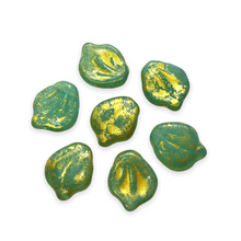 Load image into Gallery viewer, Czech glass wide petal leaf beads 20pc sea green opal gold rain 15x12mm UV glow-Orange Grove Beads
