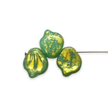Load image into Gallery viewer, Czech glass wide petal leaf beads 20pc sea green opal gold rain 15x12mm UV glow
