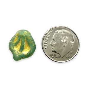 Czech glass wide petal leaf beads 20pc sea green opal gold rain 15x12mm UV glow