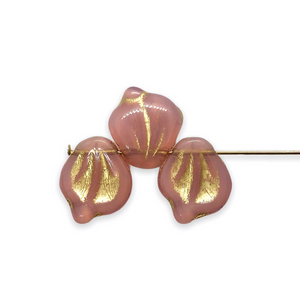 Czech glass wide petal leaf beads 20pc opaline pink gold 15x12mm