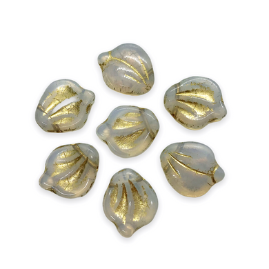 Czech glass wide petal leaf beads 20pc white opaline gold 15x12mm-Orange Grove Beads
