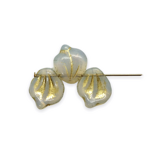 Czech glass wide petal leaf beads 20pc white opaline gold 15x12mm