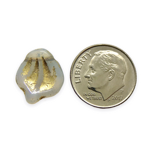 Czech glass wide petal leaf beads 20pc white opaline gold 15x12mm