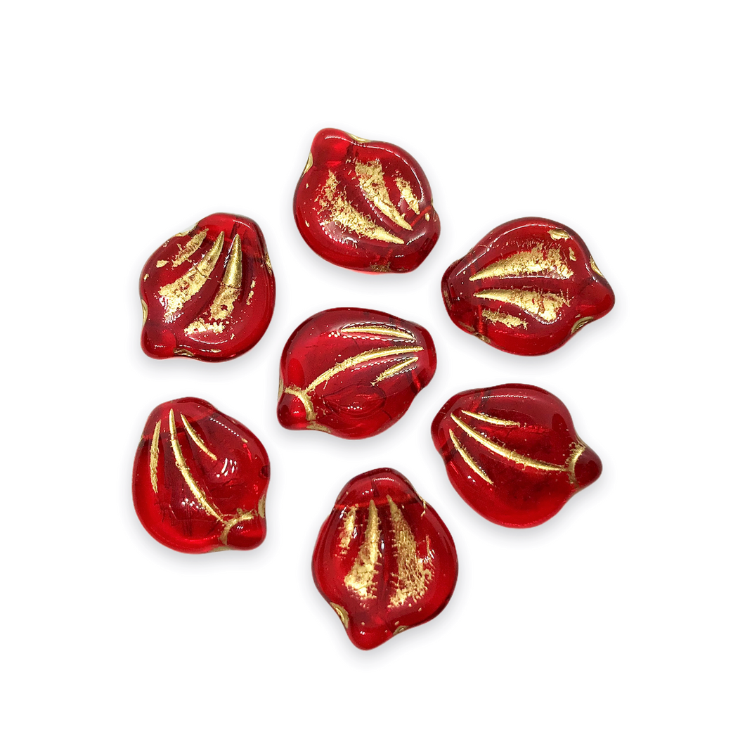 Czech glass wide petal leaf beads 20pc translucent red gold 15x12mm-Orange Grove Beads