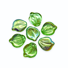 Load image into Gallery viewer, Czech glass wide petal leaf beads 20pc translucent green gold AB 15x12mm-Orange Grove Beads
