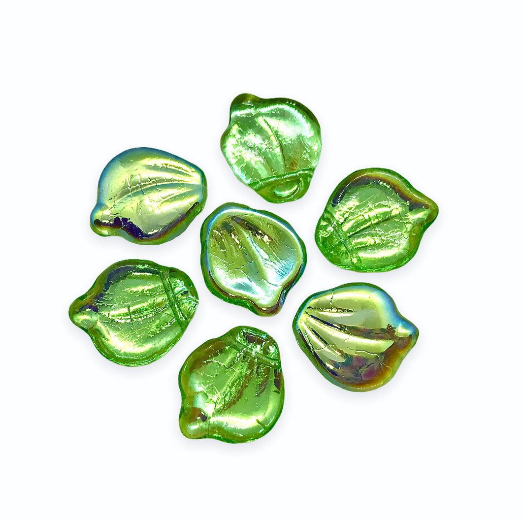 Czech glass wide petal leaf beads 20pc translucent green gold AB 15x12mm-Orange Grove Beads