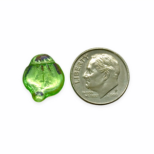 Czech glass wide petal leaf beads 20pc translucent green gold AB 15x12mm