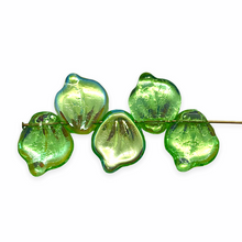 Load image into Gallery viewer, Czech glass wide petal leaf beads 20pc translucent green gold AB 15x12mm
