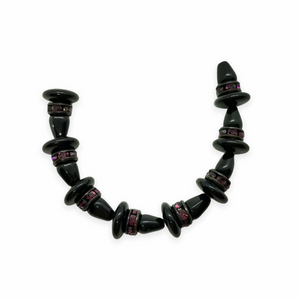Czech glass black witch hat mini beads with amethyst purple rhinestone rondelles 8 sets