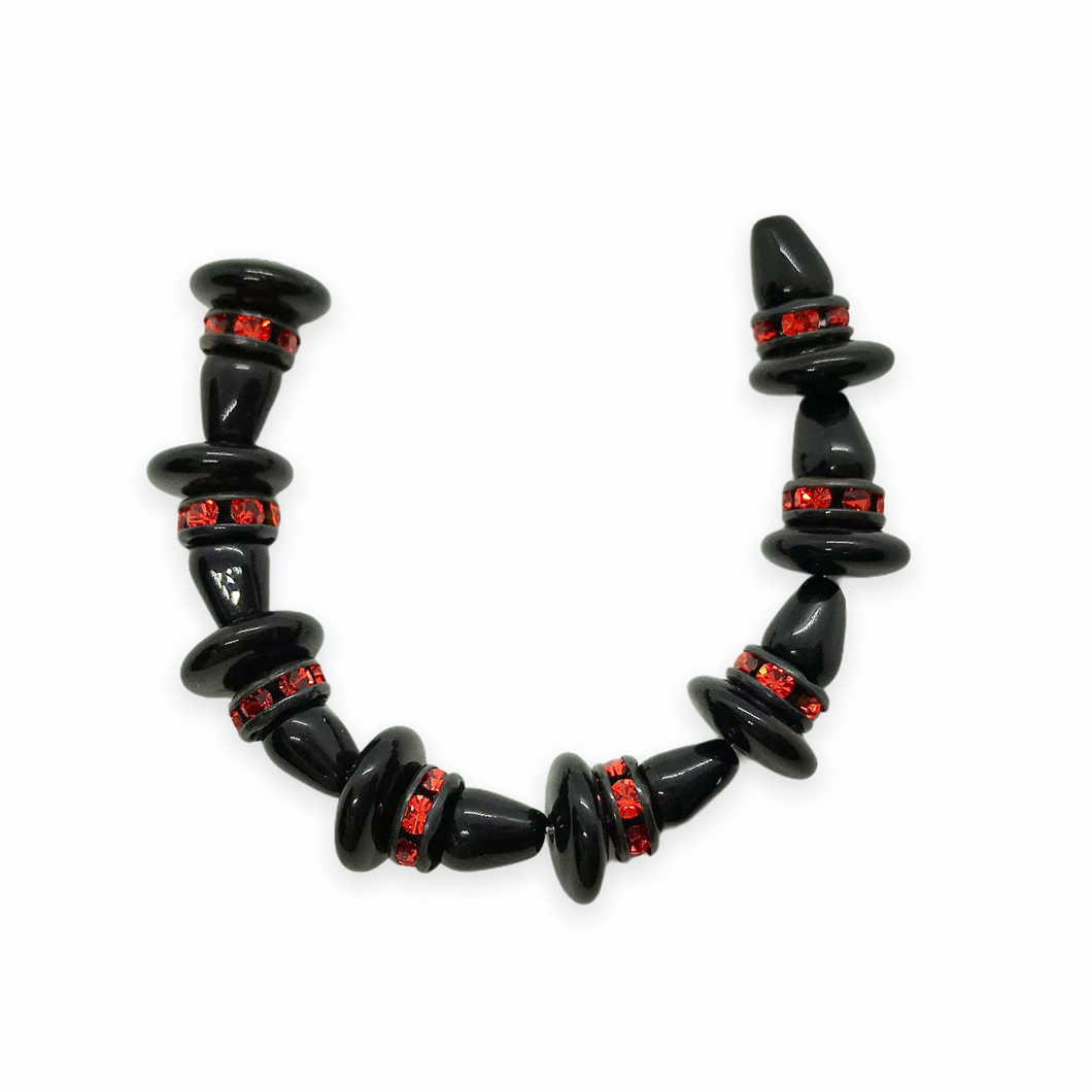 Czech glass black witch hat mini beads with black orange rhinestone rondelles 8 sets (24pc)-Orange Grove Beads