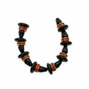 Czech glass black witch hat mini beads with gold orange rhinestone rondelles 8 sets (24pc)-Orange Grove Beads