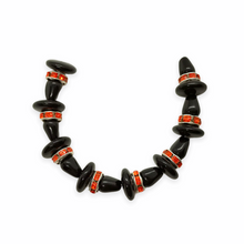 Load image into Gallery viewer, Czech glass black witch hat mini beads with silver orange rhinestone rondelles 8 sets (24pc)-Orange Grove Beads
