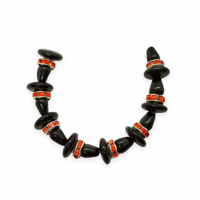 Czech glass black witch hat mini beads with silver orange rhinestone rondelles 8 sets (24pc)-Orange Grove Beads