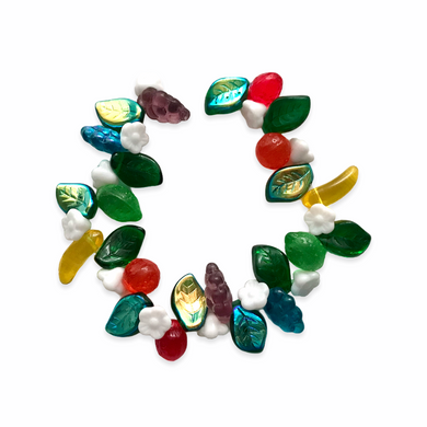 Czech glass rainbow fruit salad beads 36pc with leaves and flowers-Orange Grove Beads