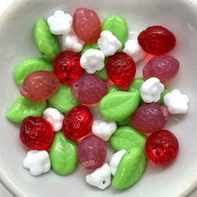 Load image into Gallery viewer, Czech glass beads 36pc strawberry fruit shaped mix with leaves &amp; flowers #6
