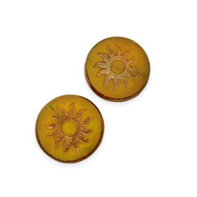 Load image into Gallery viewer, Czech glass sun coin focal beads 2pc table cut orange yellow copper 22mm
