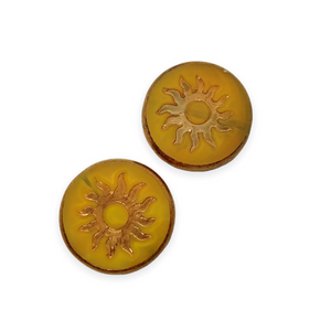 Czech glass sun coin focal beads 2pc table cut orange yellow copper 22mm
