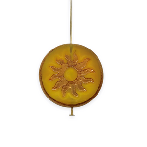 Czech glass sun coin focal beads 2pc table cut orange yellow copper 22mm