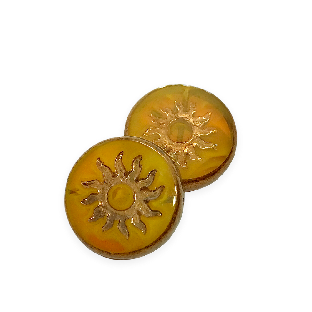 Czech glass sun coin focal beads 2pc table cut orange yellow copper 22mm-Orange Grove Beads