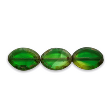 Load image into Gallery viewer, Czech glass table cut oval beads 9pc green yellow picasso 20x14mm
