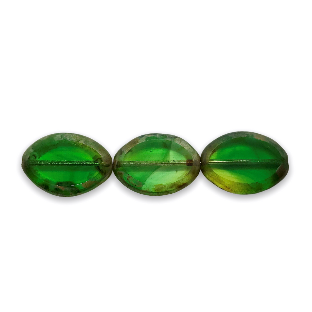 Czech glass table cut oval beads 9pc green yellow picasso 20x14mm