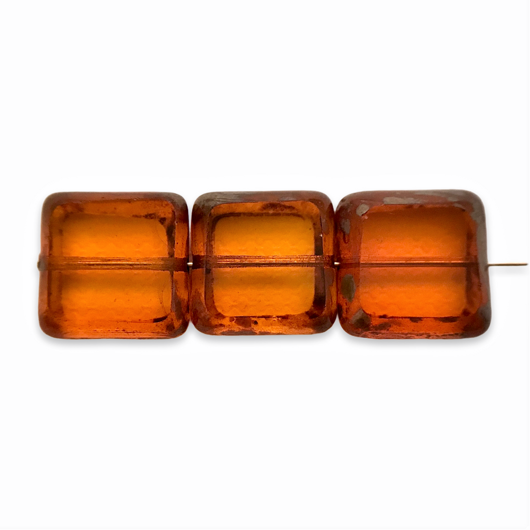 Czech glass chunky table cut square beads 11pc honey amber with picasso-Orange Grove Beads