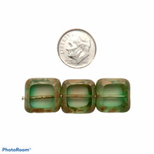 Load image into Gallery viewer, Czech glass chunky table cut square beads 11pc crystal green with picasso

